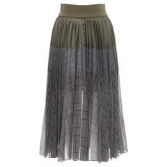 SACAI 2022 khaki nylon grey checkered contrast pleated midi skirt JP2 M