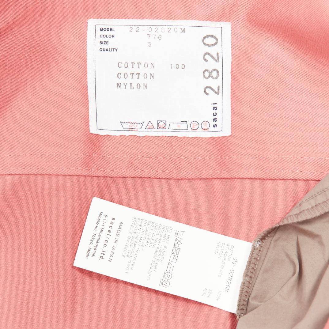 SACAI 2022 pink grey cotton nylon flared inserts safari boxy shirt JP3 L For Sale 3