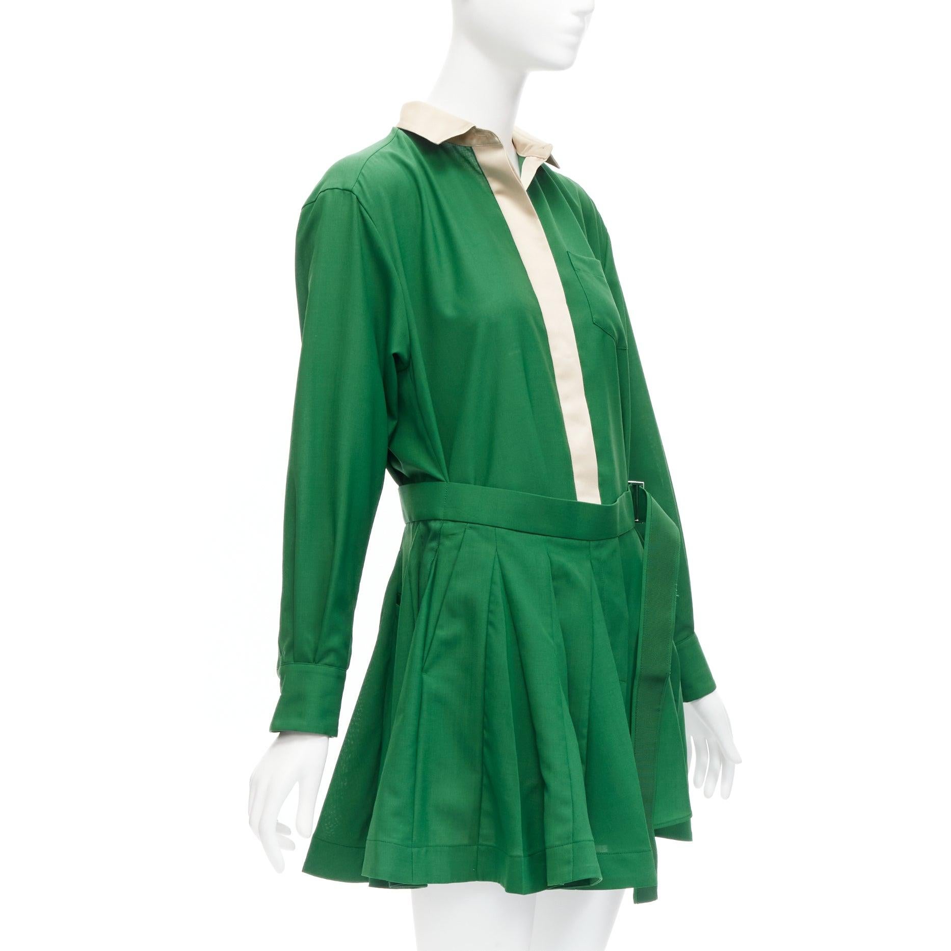 Green SACAI 2022 satin collar placket green belted pleated layeskirt shirt dress JP1 S For Sale