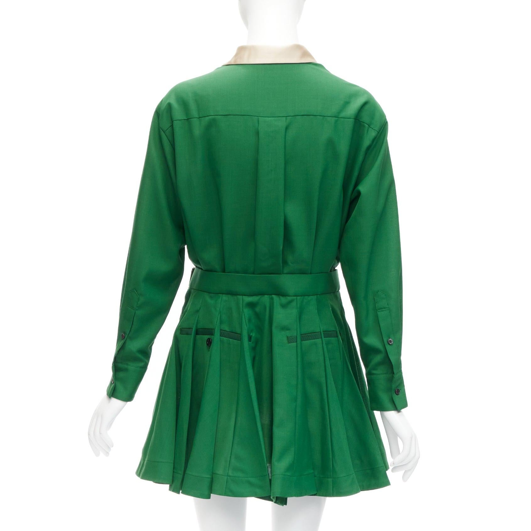 Women's SACAI 2022 satin collar placket green belted pleated layeskirt shirt dress JP1 S For Sale