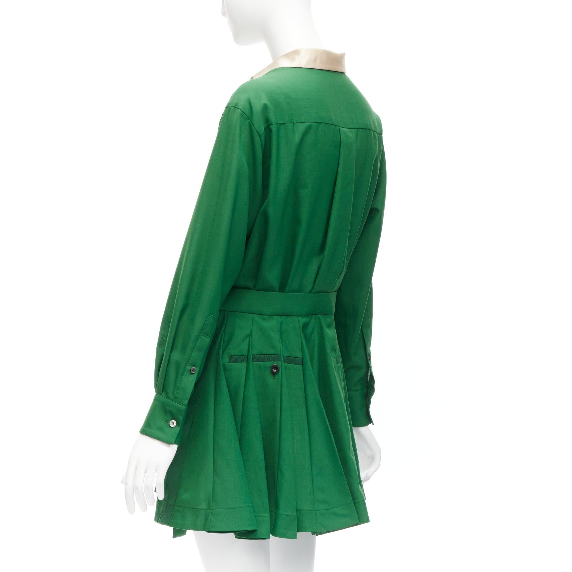 SACAI 2022 satin collar placket green belted pleated layeskirt shirt dress JP1 S For Sale 1