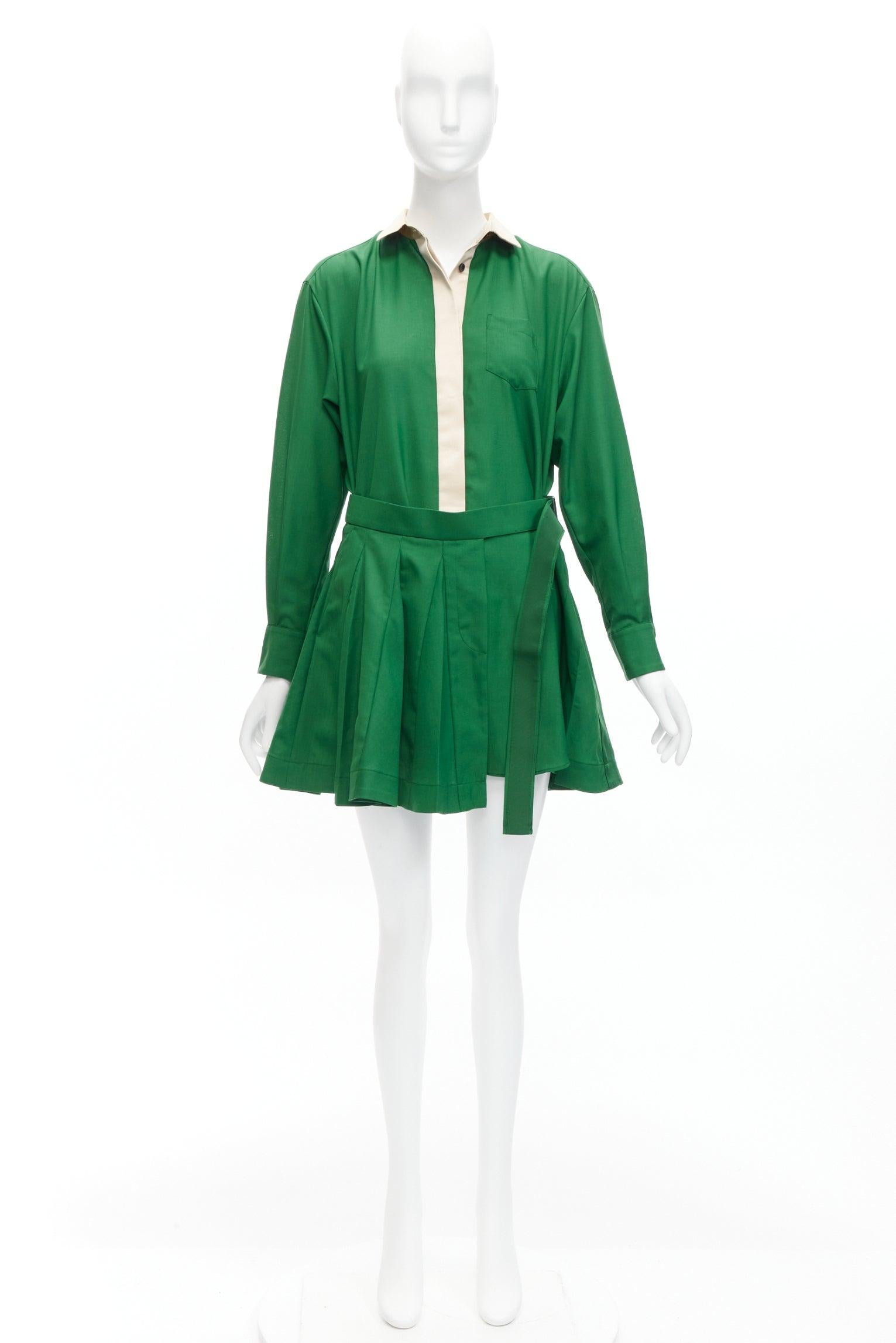 SACAI 2022 satin collar placket green belted pleated layeskirt shirt dress JP1 S For Sale 4