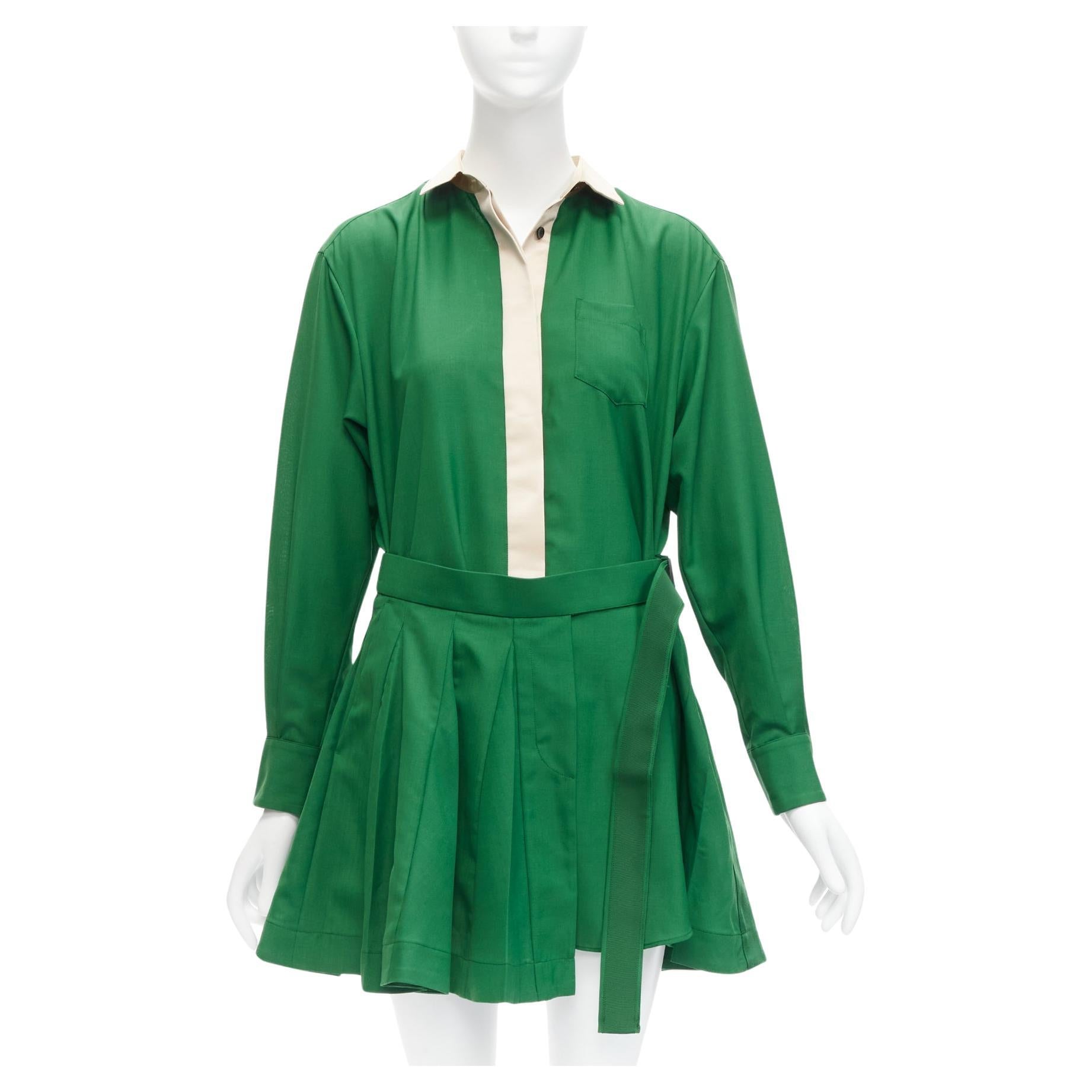 SACAI 2022 satin collar placket green belted pleated layeskirt shirt dress JP1 S For Sale
