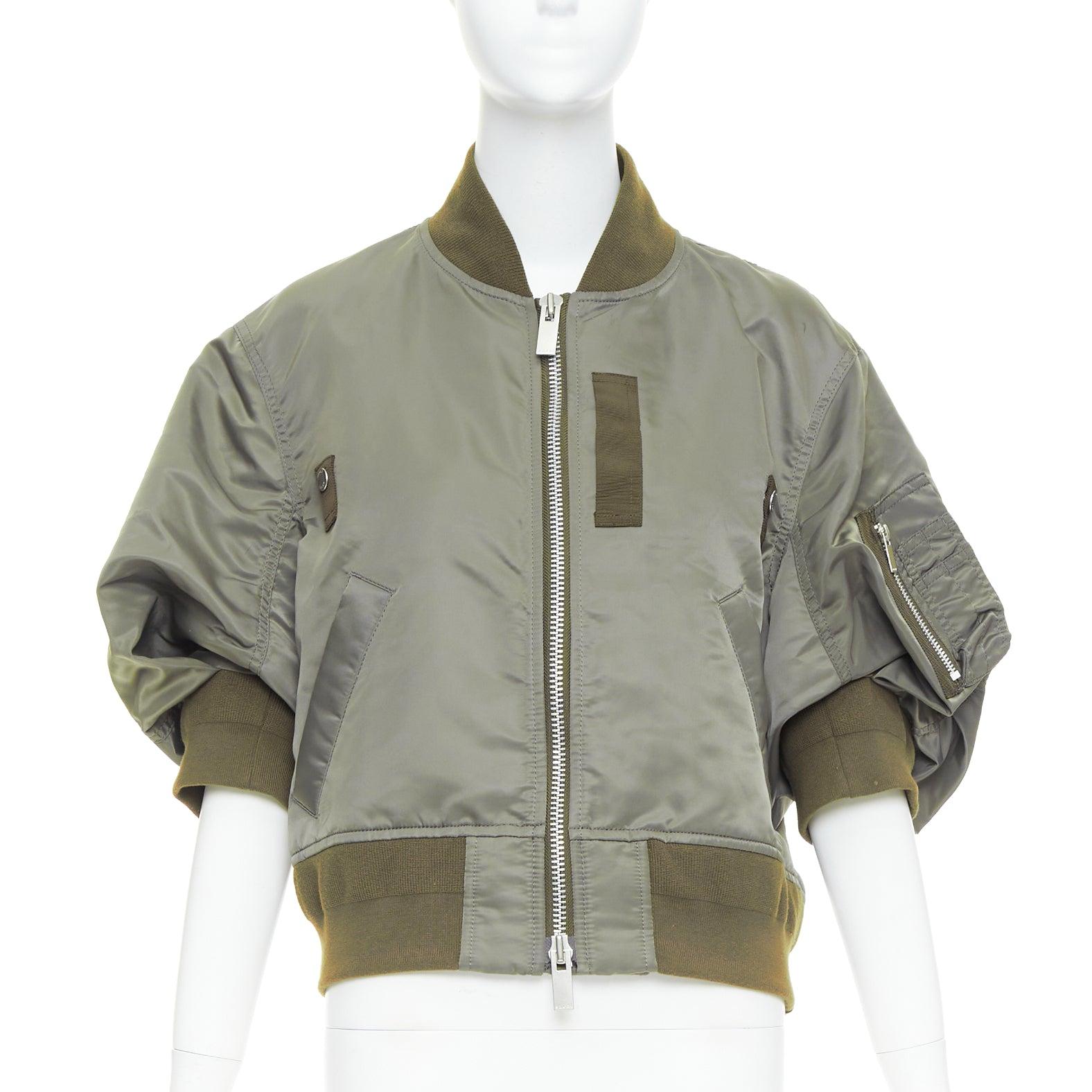 Gray SACAI 2024 khaki nylon twill cocoon half sleeve cropped MA1 bomber JP3 L