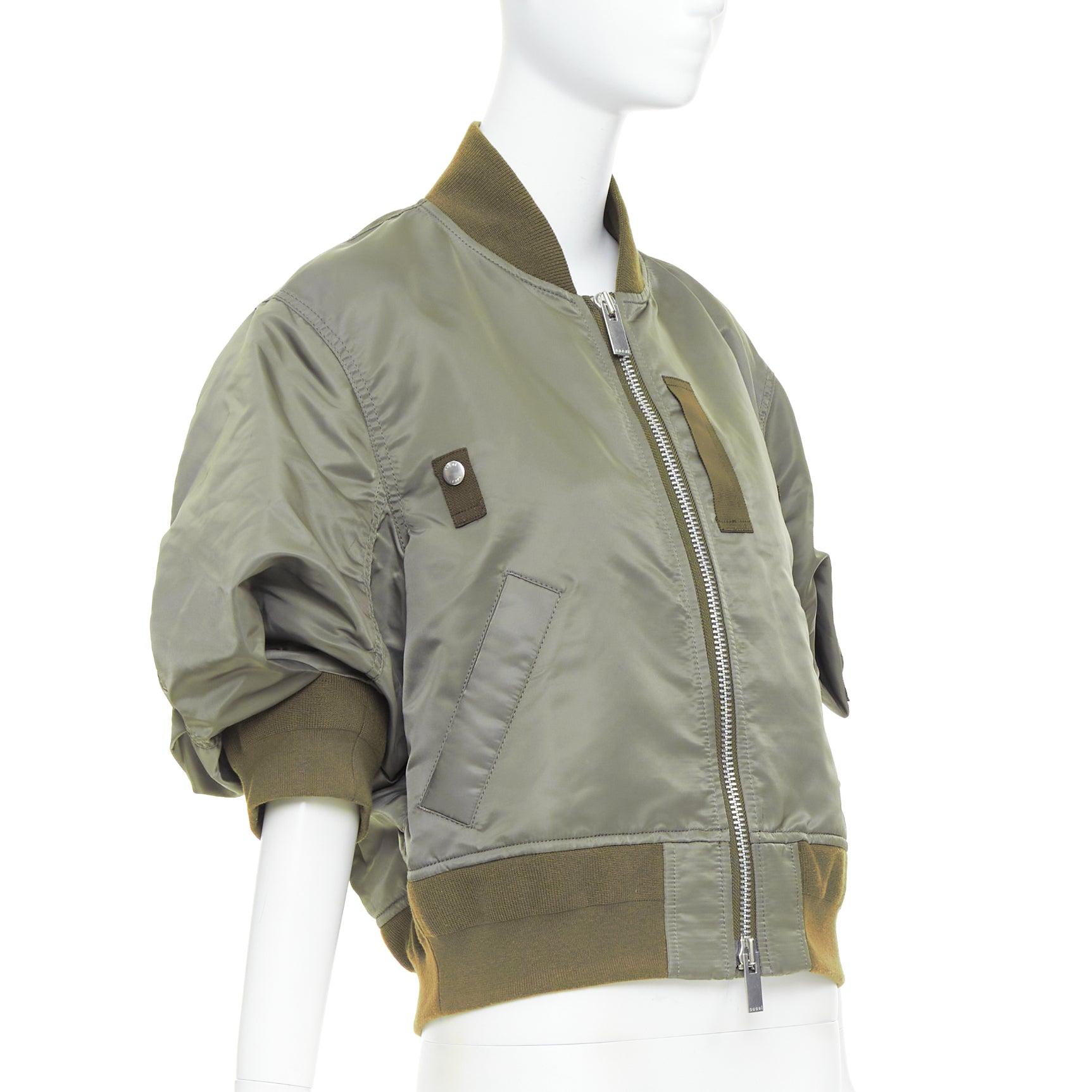 SACAI 2024 khaki nylon twill cocoon half sleeve cropped MA1 bomber JP3 L In Good Condition In Hong Kong, NT