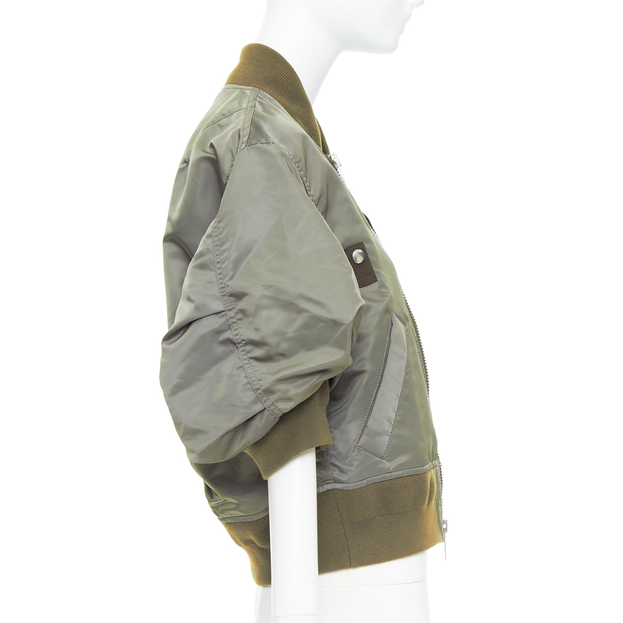 Women's SACAI 2024 khaki nylon twill cocoon half sleeve cropped MA1 bomber JP3 L