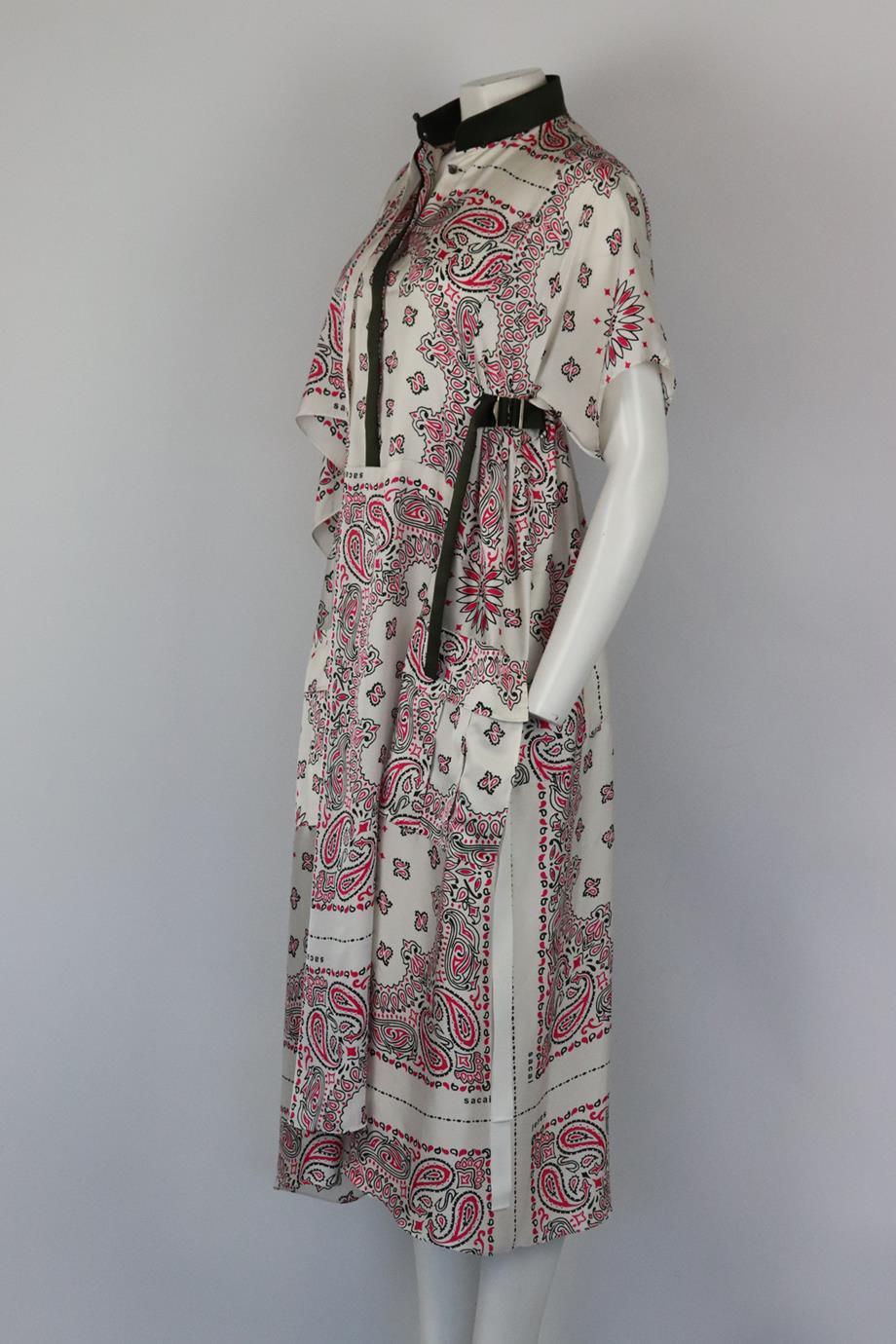 Gray Sacai Belted Asymmetric Paisley Print Satin Midi Dress Uk 8