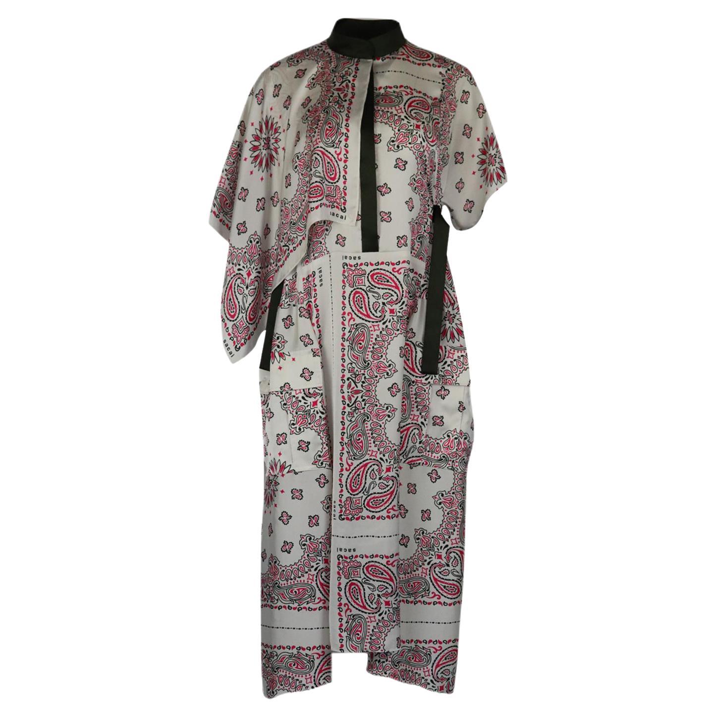 Sacai Belted Asymmetric Paisley Print Satin Midi Dress Uk 8