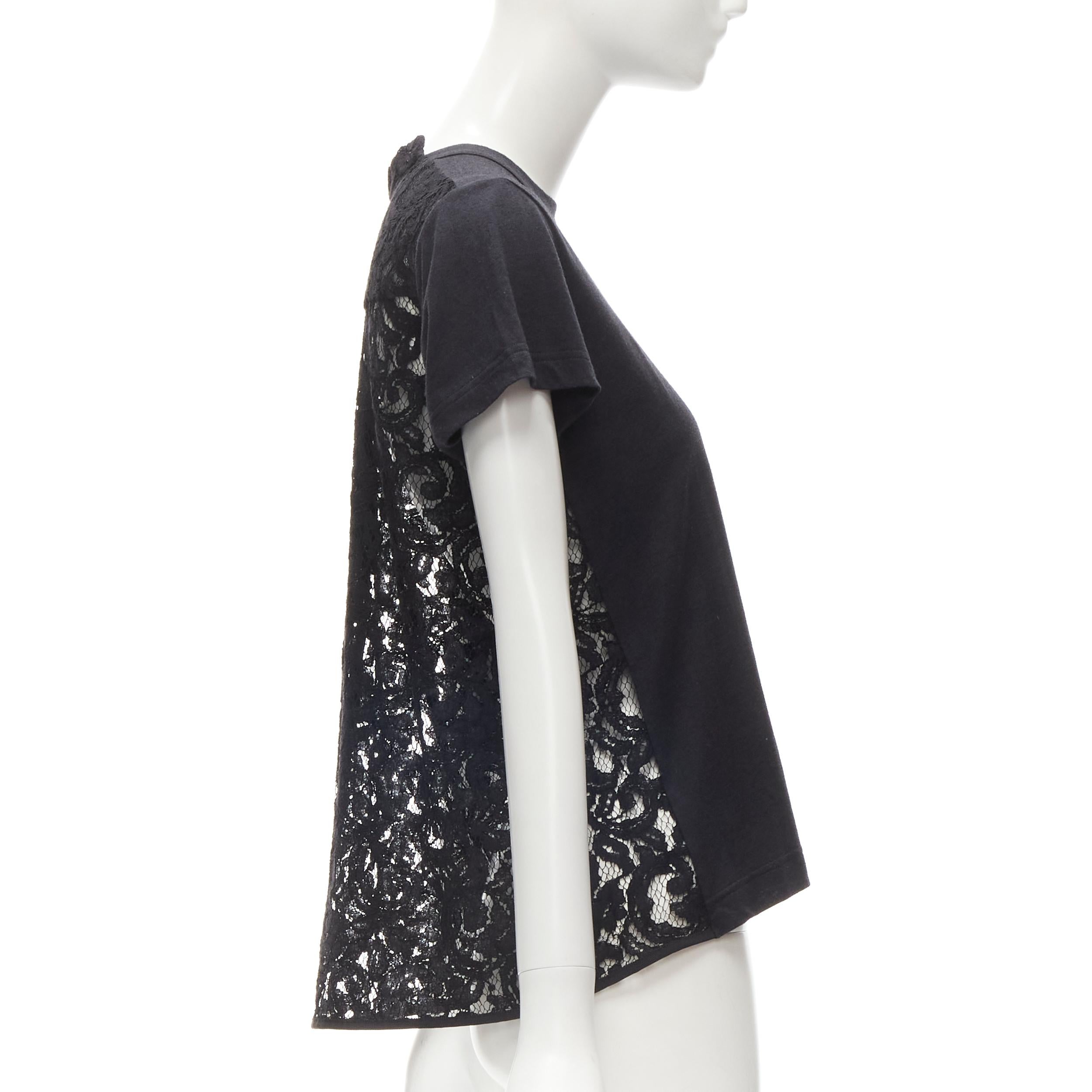 SACAI black cotton floral lace flare back tshirt JP1 S
Brand: Sacai
Designer: Chitose Abe
Material: Cotton
Color: Black
Pattern: Solid
Made in: Japan

CONDITION:
Condition: Excellent, this item was pre-owned and is in excellent condition.