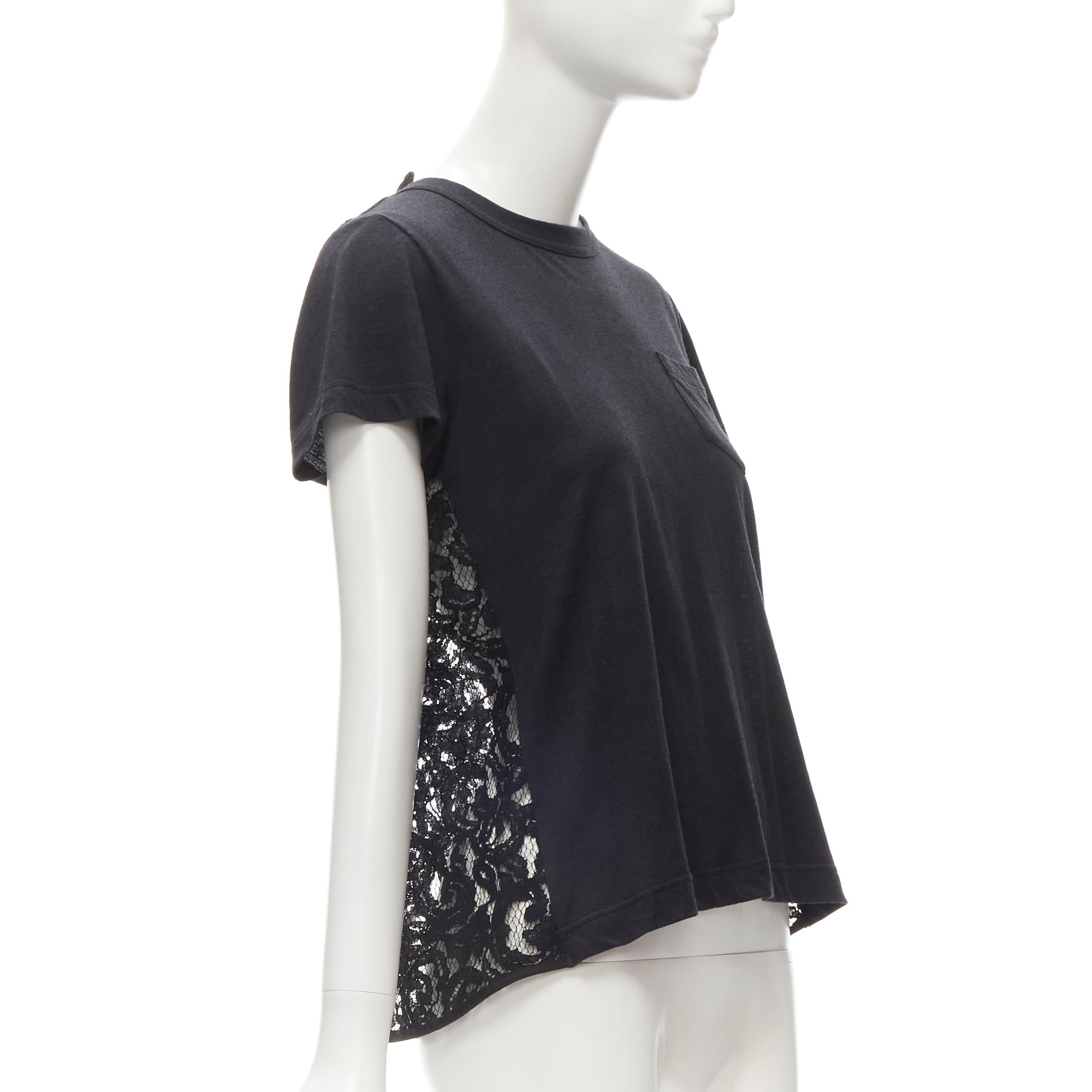 SACAI black cotton floral lace flare back tshirt JP1 S In Excellent Condition For Sale In Hong Kong, NT