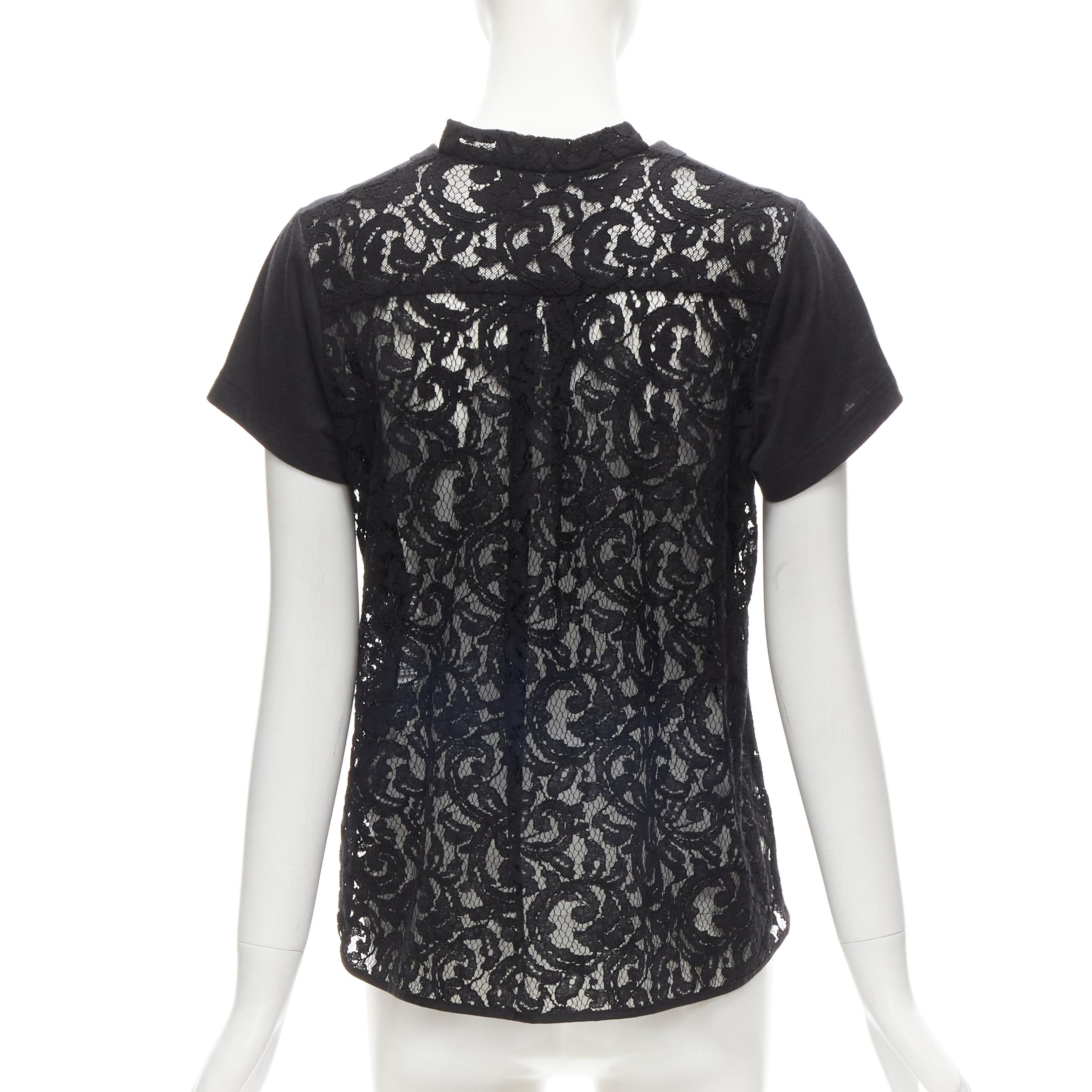 Women's SACAI black cotton floral lace flare back tshirt JP1 S For Sale