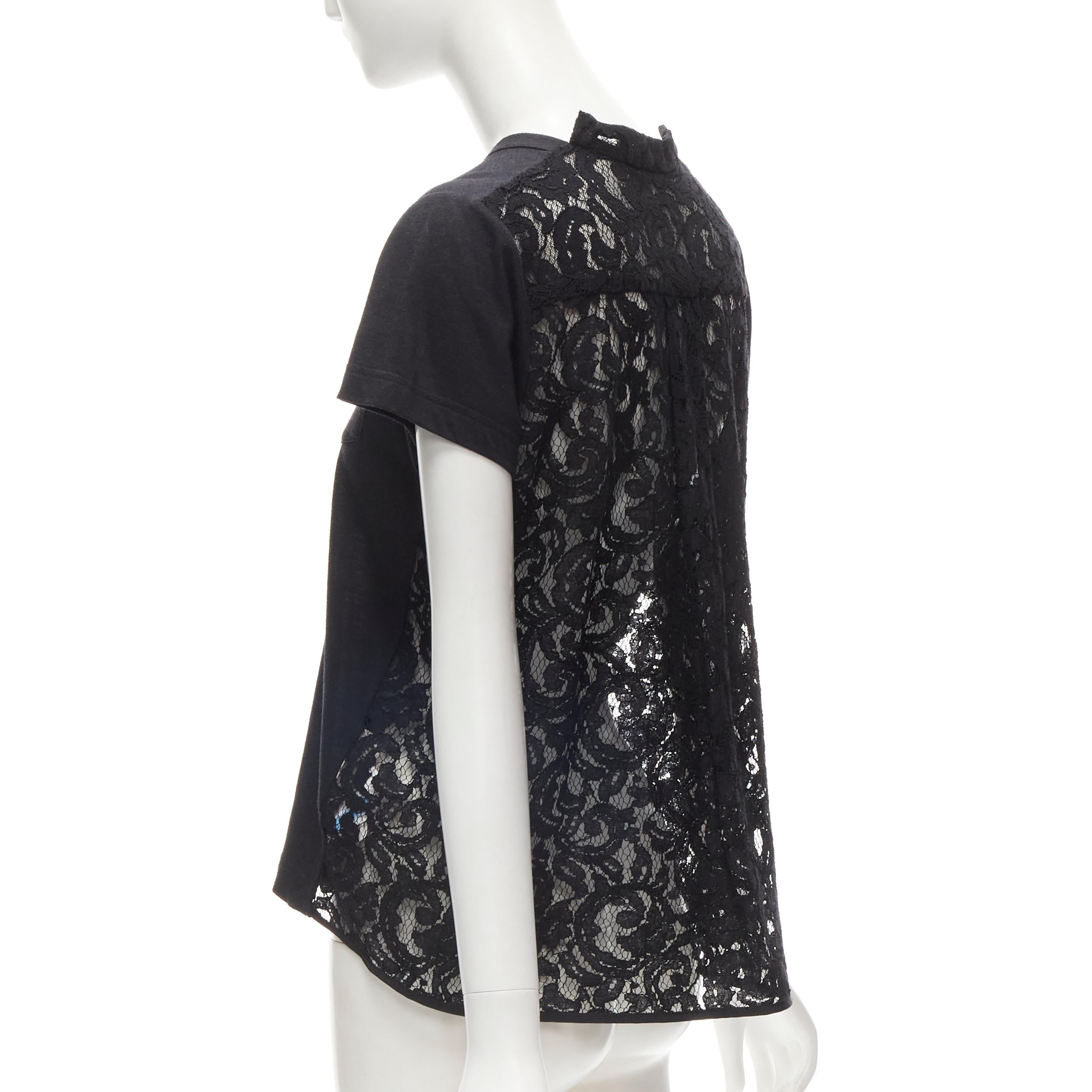 SACAI black cotton floral lace flare back tshirt JP1 S For Sale 1