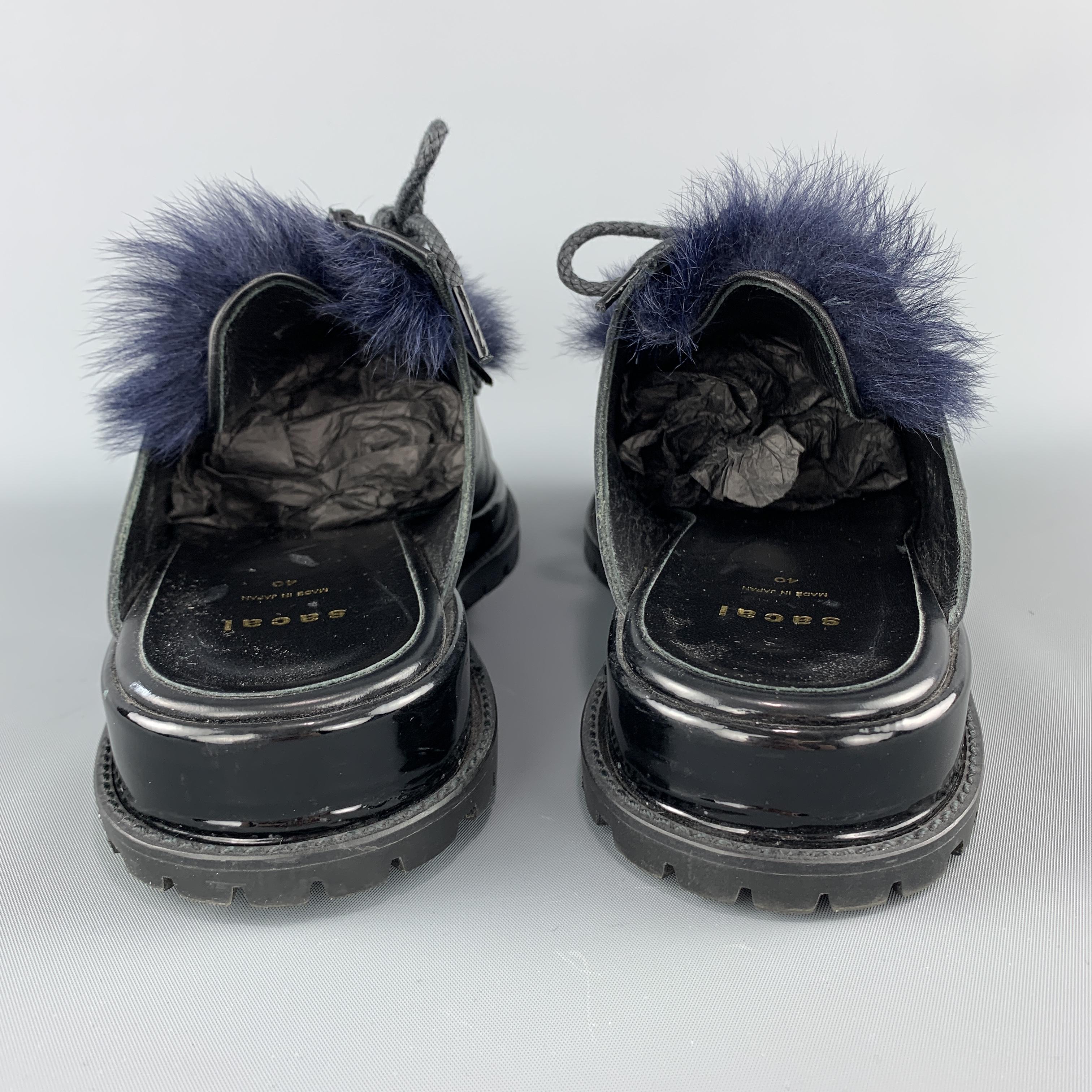 SACAI Black Leather & Blue Fur Slip On Loafer Slides 1