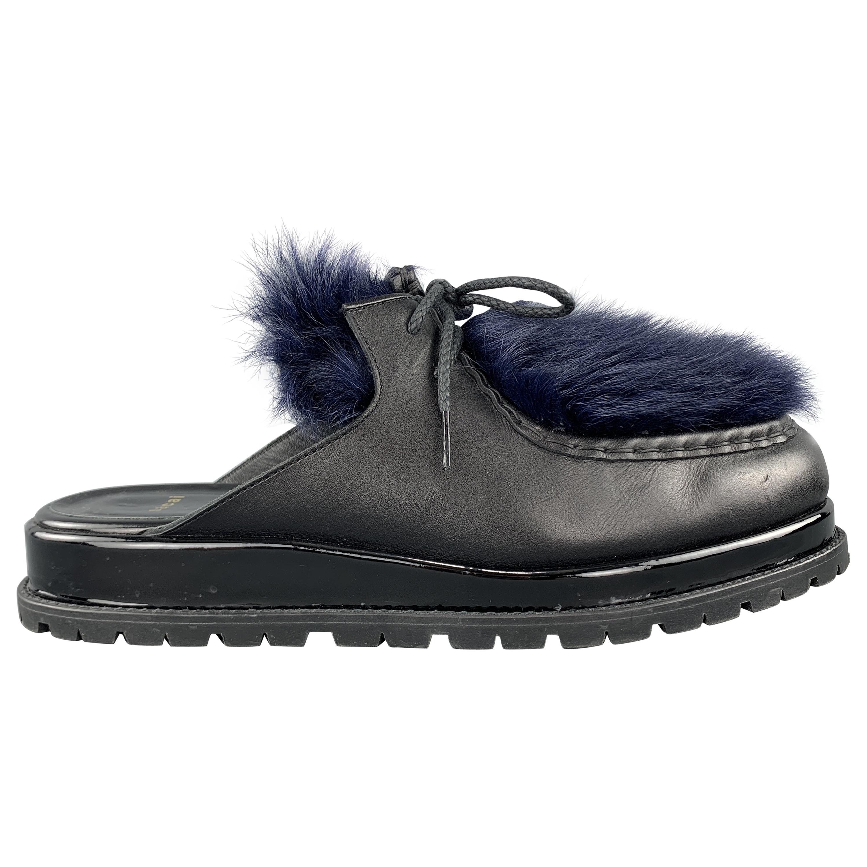 SACAI Black Leather & Blue Fur Slip On Loafer Slides