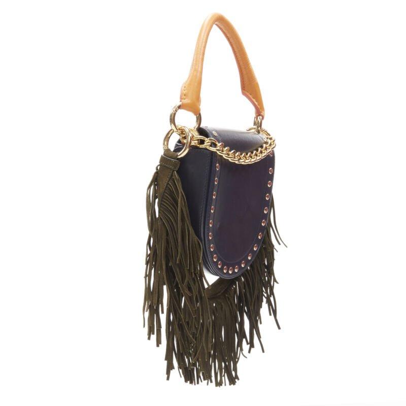 Black SACAI black leather gold studded fringe gold chain saddle bag