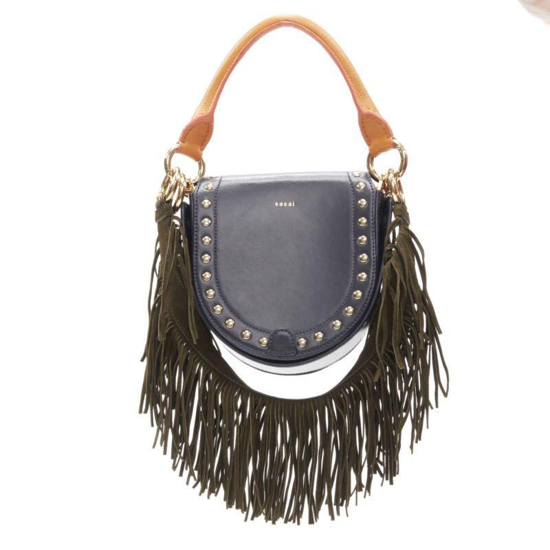 Women's SACAI black leather gold studded fringe gold chain saddle bag