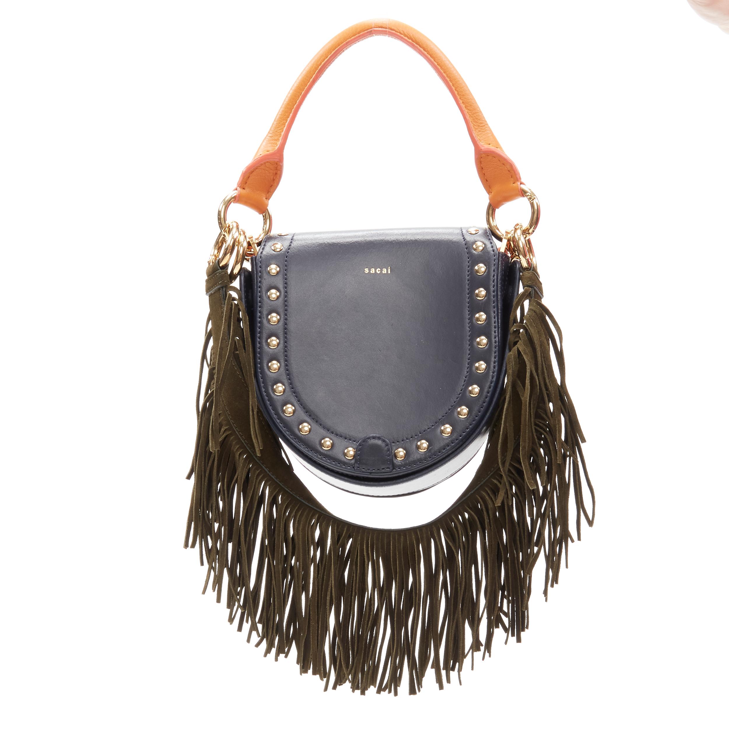 SACAI black leather gold studded fringe gold chain saddle bag In Good Condition For Sale In Hong Kong, NT