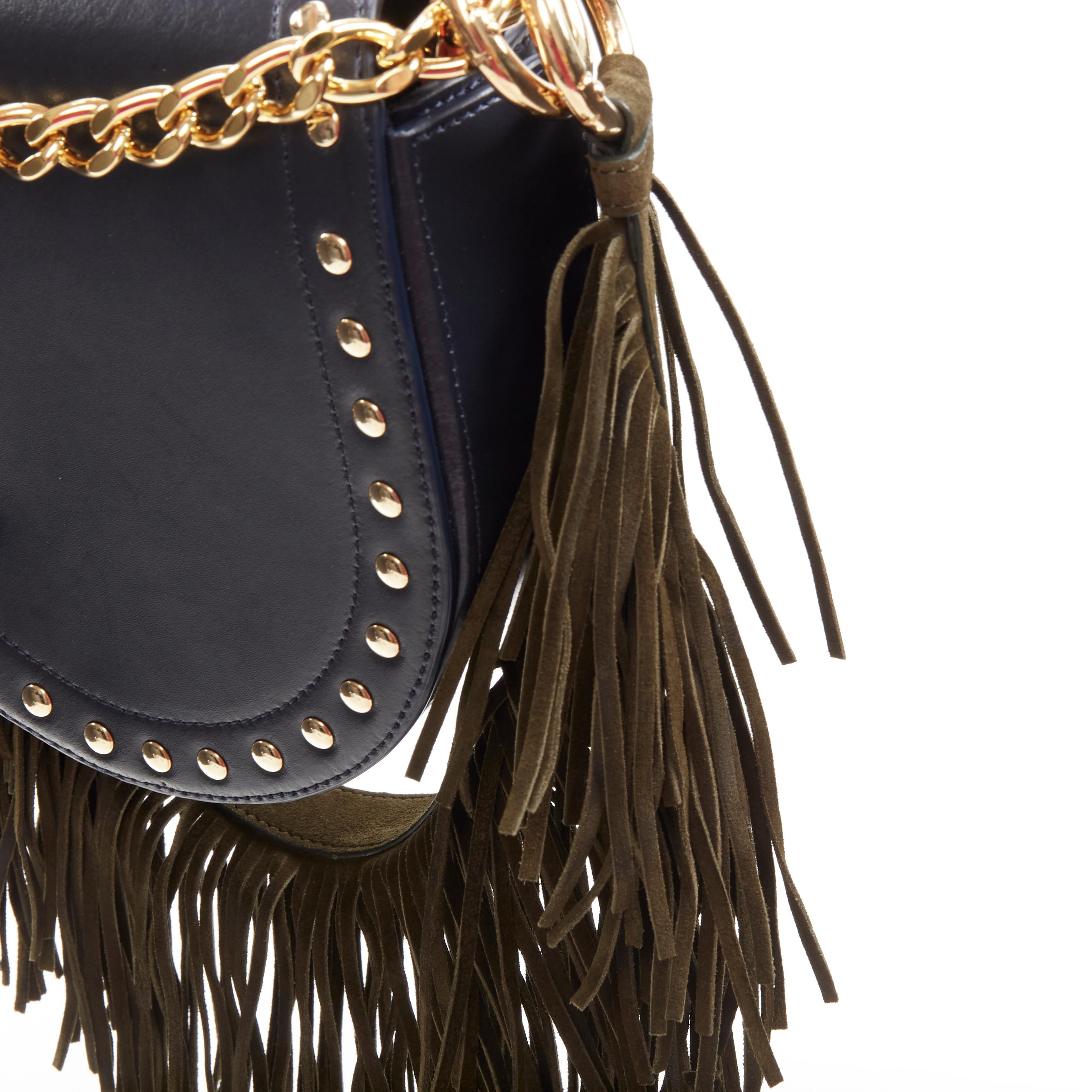 SACAI black leather gold studded fringe gold chain saddle bag For Sale 1