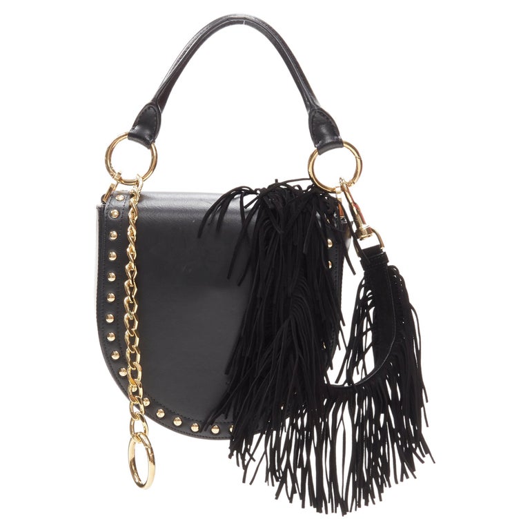 SACAI black leather gold studded fringe gold chain saddle bag For Sale