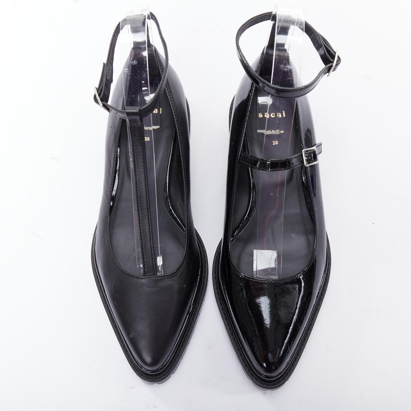 SACAI black mismatch leather patent strappy t bar maryjane shoes EU38
Reference: ECLO/A00092
Brand: Sacai
Designer: Chitose Abe
Material: Leather
Color: Black
Pattern: Solid
Closure: Buckle
Lining: Black Leather
Extra Details: Mismatch maryjane and