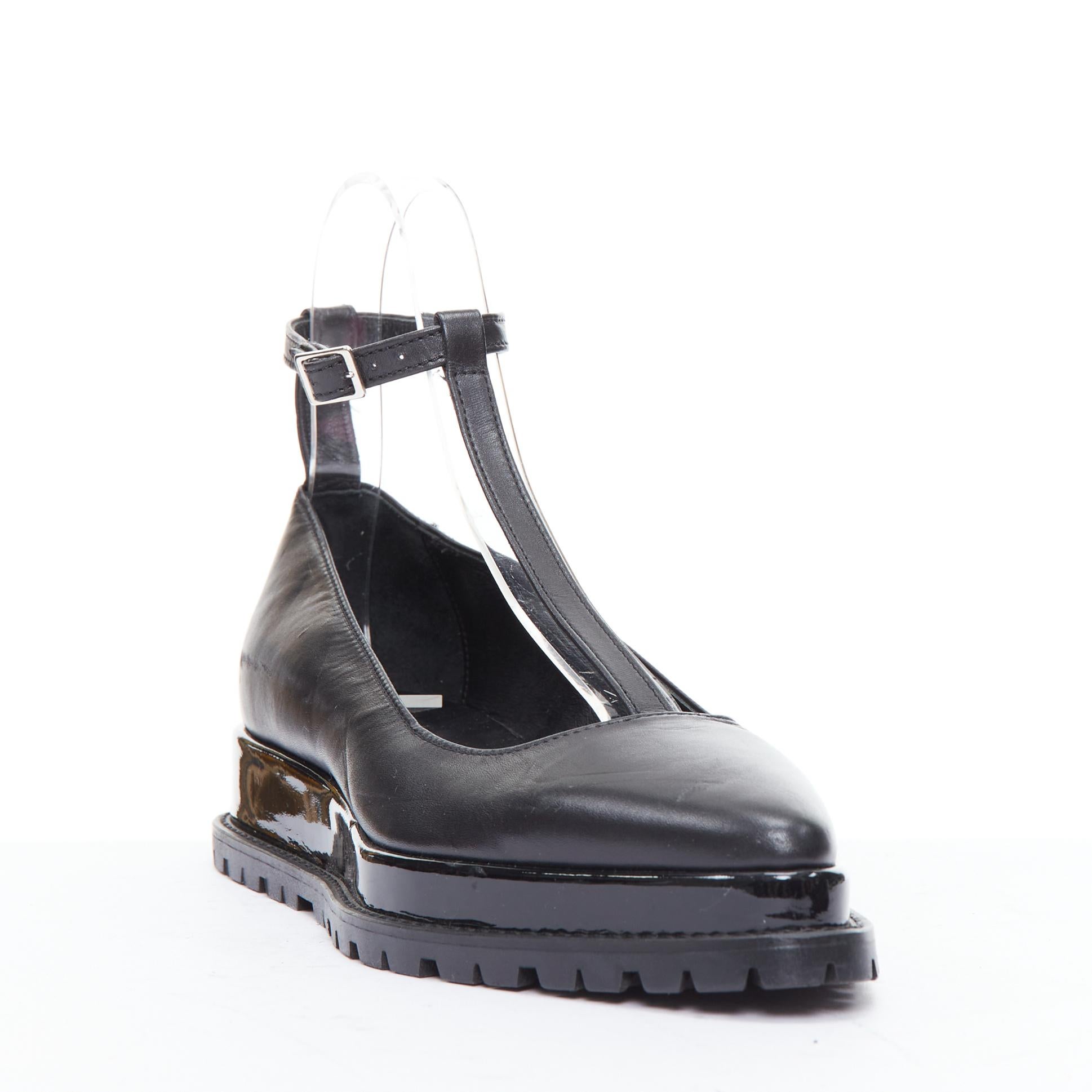 Black SACAI black mismatch leather patent strappy t bar maryjane shoes EU38