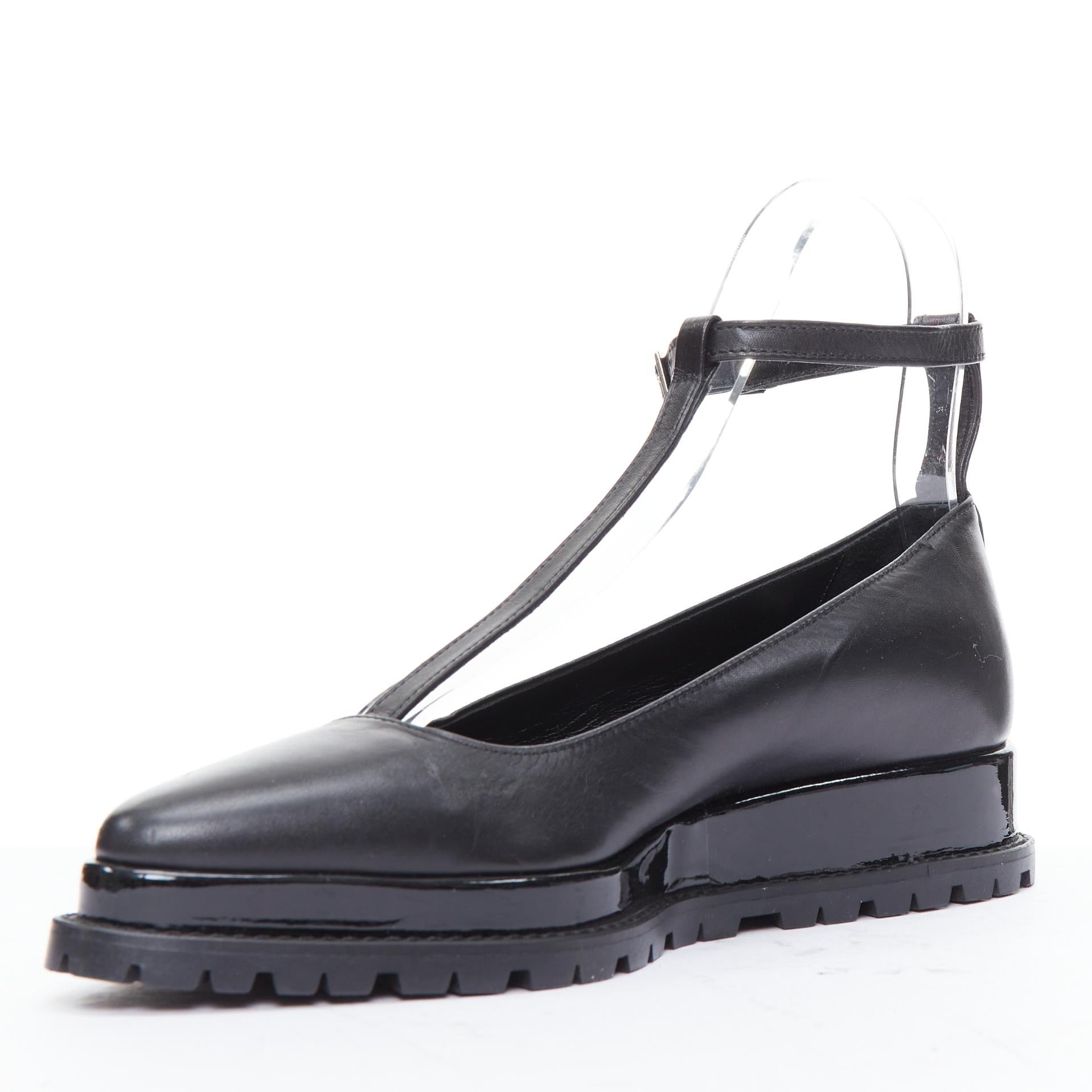 Women's SACAI black mismatch leather patent strappy t bar maryjane shoes EU38