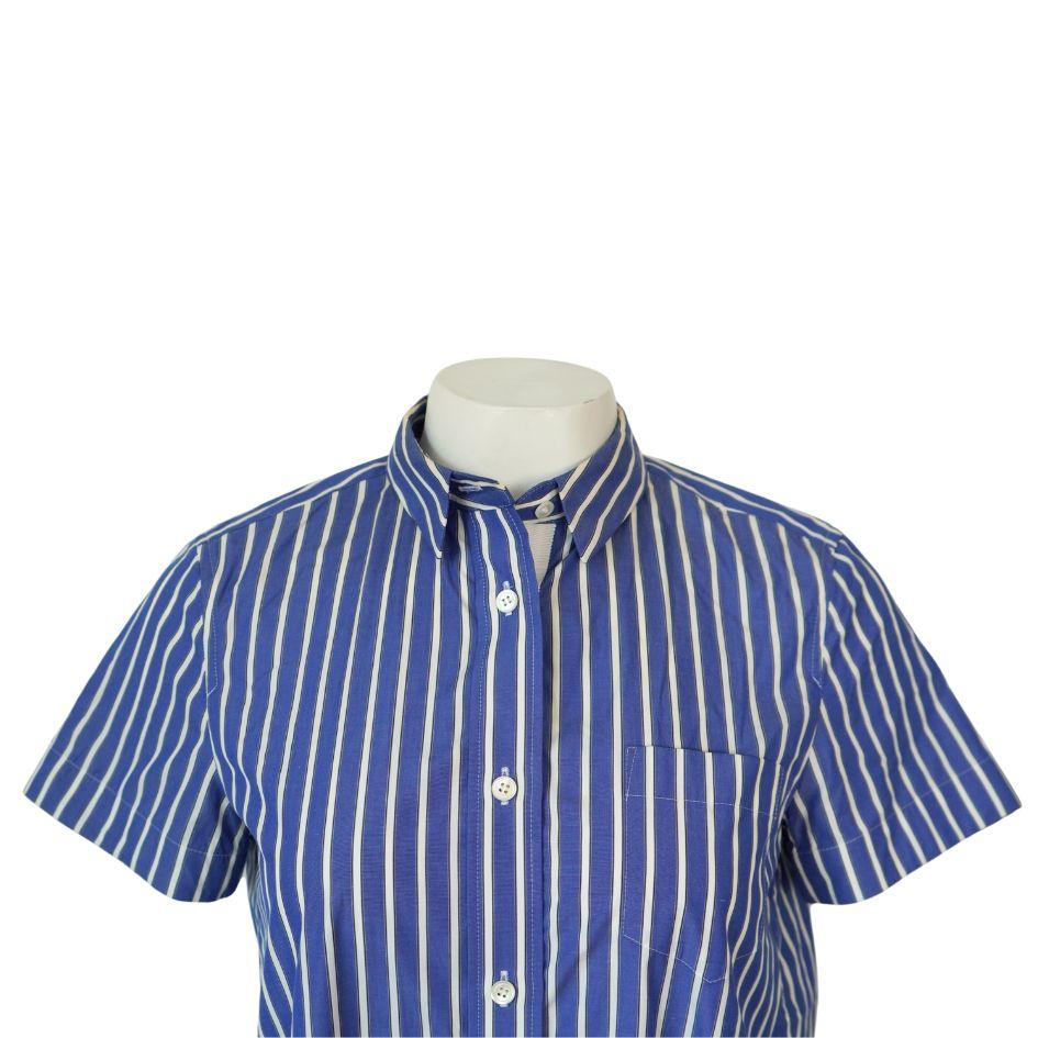 Sacai blue and white striped collared button up shirt, with pleats and lace details at the bottom of the shirt.
Japan size 1
Bust: 42