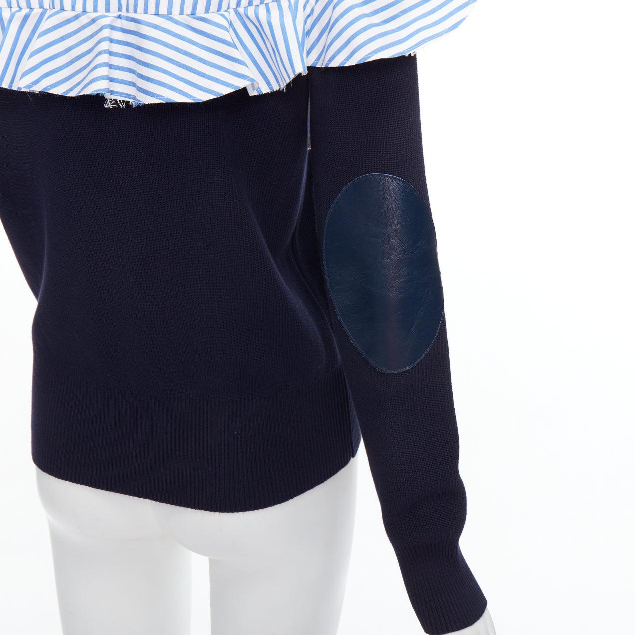 SACAI blue navy cotton contrast cowhide elbow patch hybrid sweater JP1 S
Reference: LAYU/A00014
Brand: Sacai
Designer: Chitose Abe
Collection: 2018
Material: Cotton, Leather
Color: Navy
Pattern: Striped
Closure: Button
Extra Details: Satin wrapped