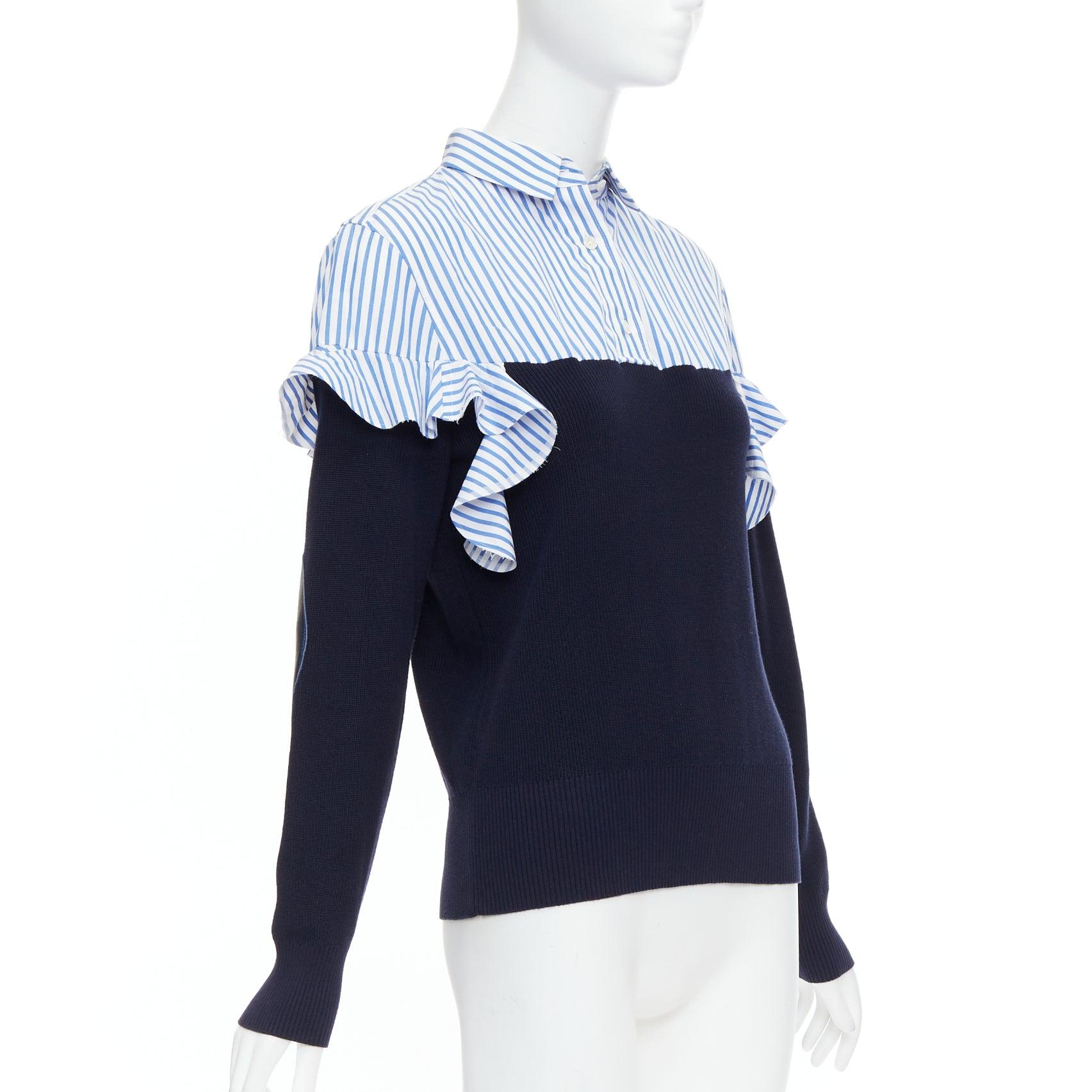 Black SACAI blue navy cotton contrast cowhide elbow patch hybrid sweater JP1 S For Sale