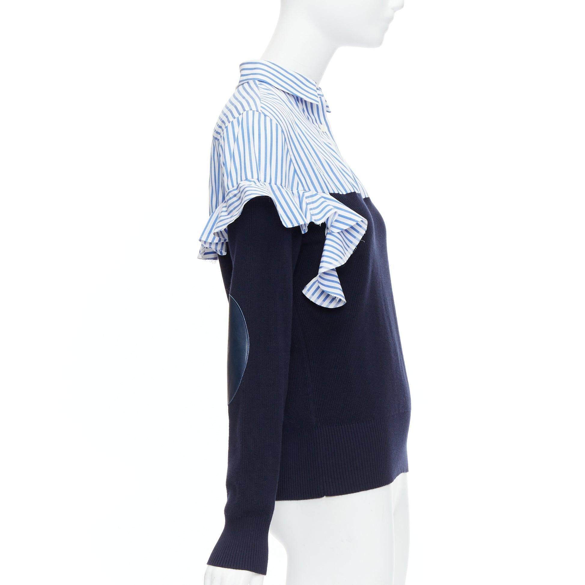 SACAI blue navy cotton contrast cowhide elbow patch hybrid sweater JP1 S In Excellent Condition For Sale In Hong Kong, NT