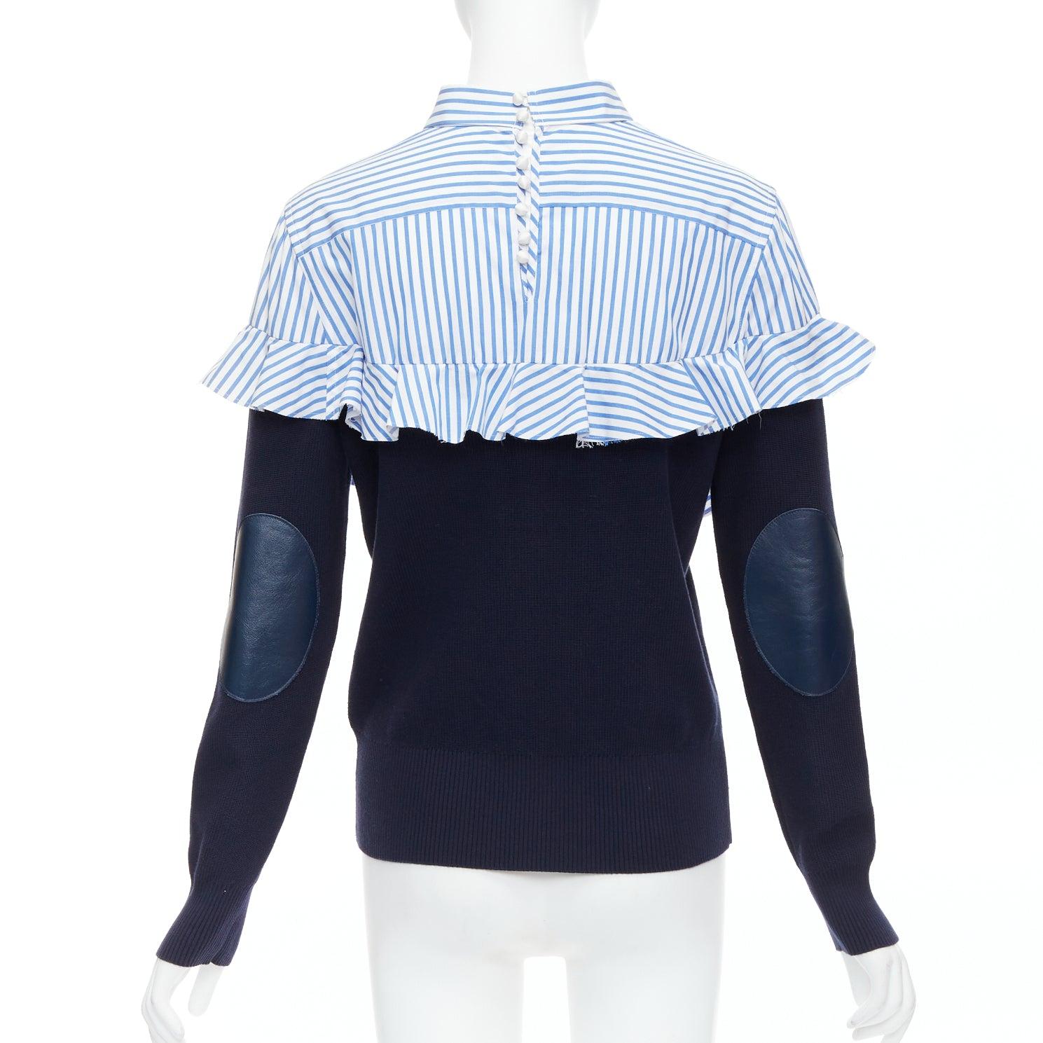 Women's SACAI blue navy cotton contrast cowhide elbow patch hybrid sweater JP1 S For Sale