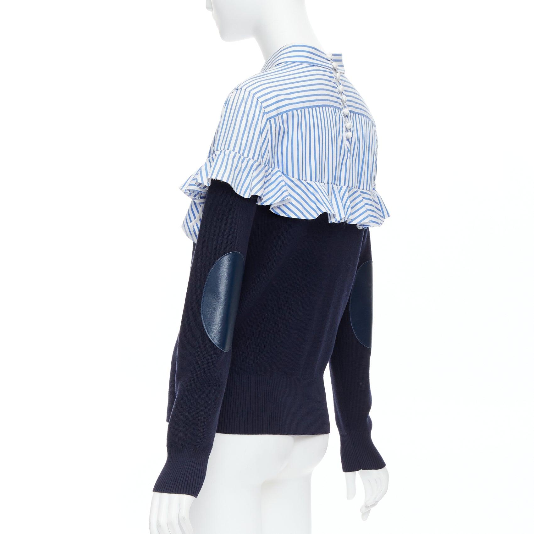 SACAI blue navy cotton contrast cowhide elbow patch hybrid sweater JP1 S For Sale 1