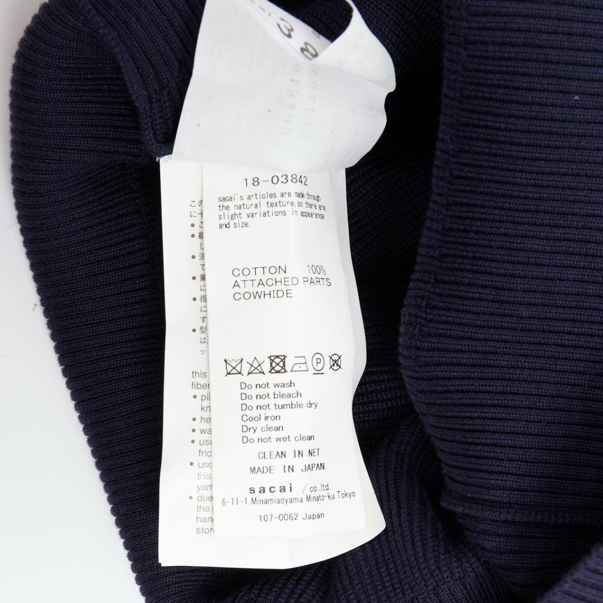 SACAI blue navy cotton contrast cowhide elbow patch hybrid sweater JP1 S For Sale 3