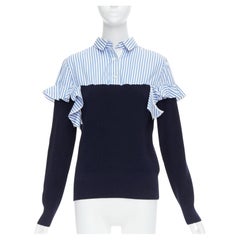 SACAI blue navy cotton contrast cowhide elbow patch hybrid sweater JP1 S