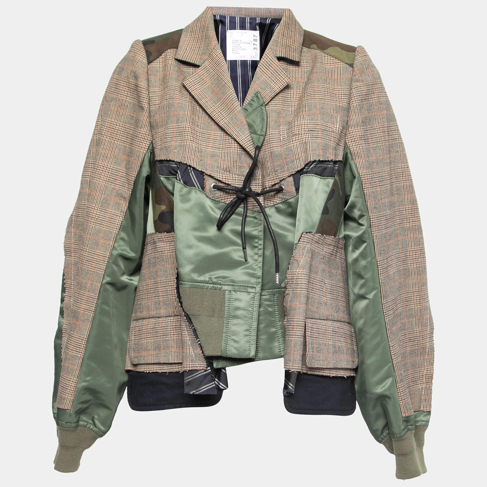Sacai Brown/Green Glencheck Striped Cotton Blouson Jacket M