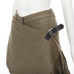 SACAI brown herringbone check fringe wrap front buckle shorts JP1 S