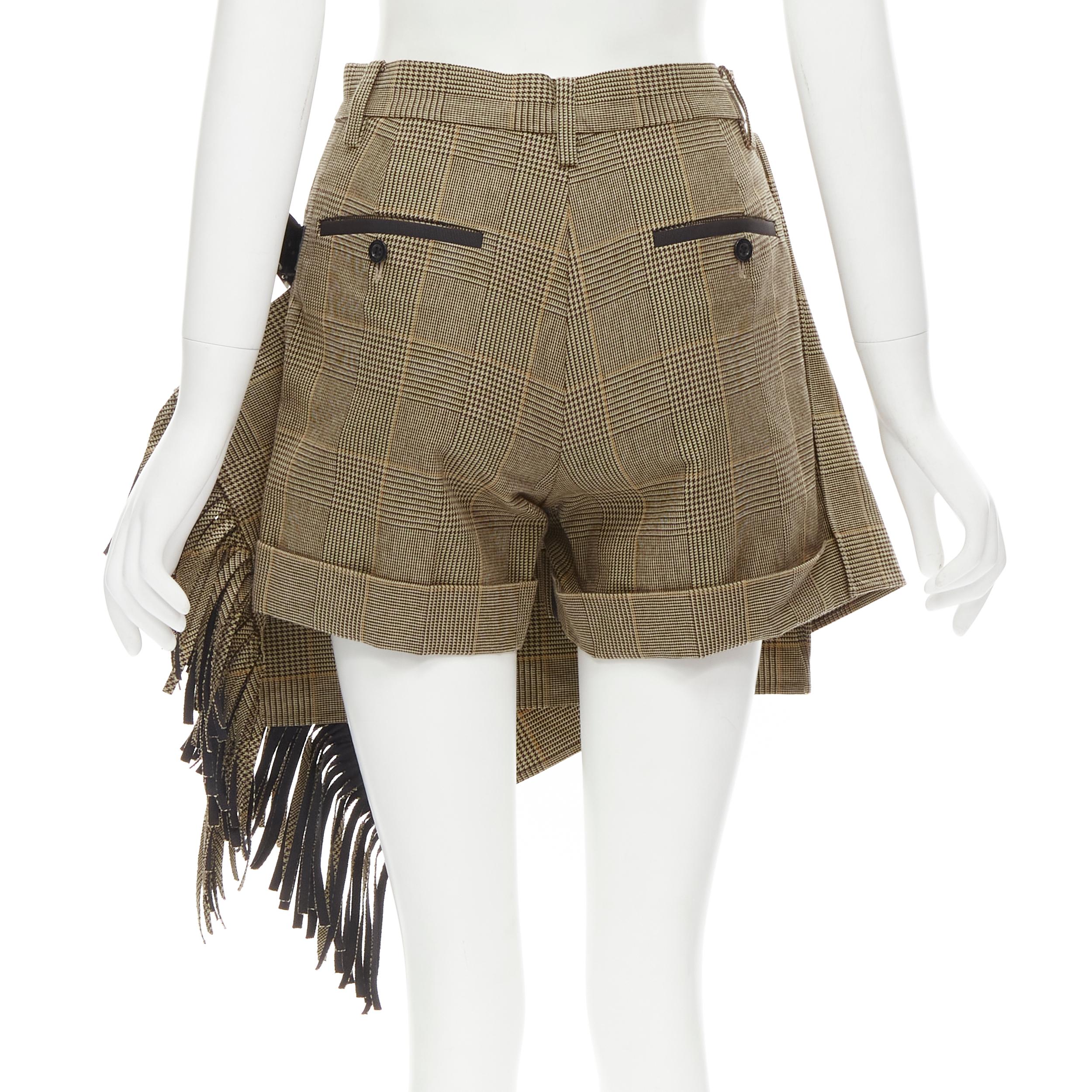 Women's SACAI brown herringbone check fringe wrap front buckle shorts JP1 S For Sale