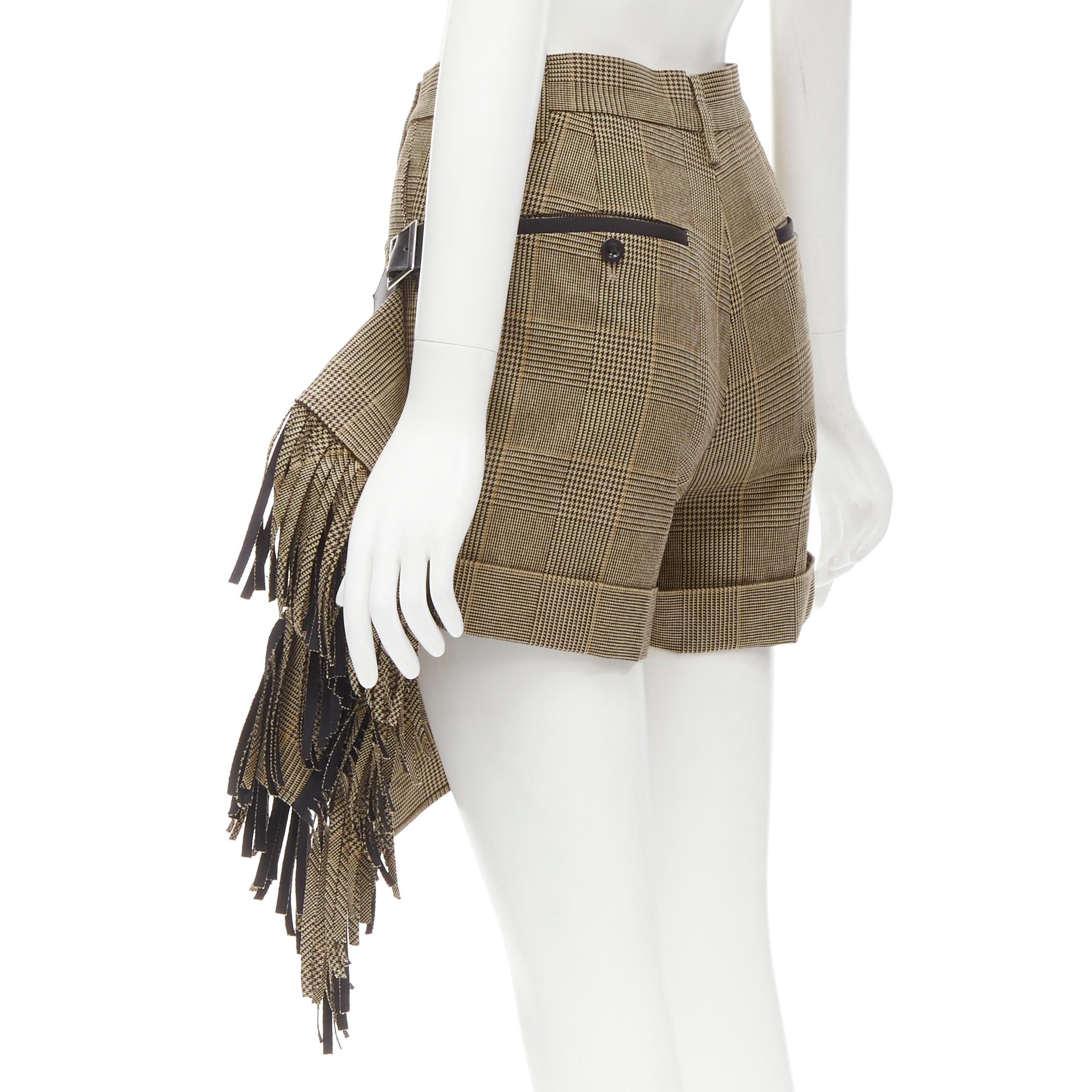 SACAI brown herringbone check fringe wrap front buckle shorts JP1 S For Sale 1