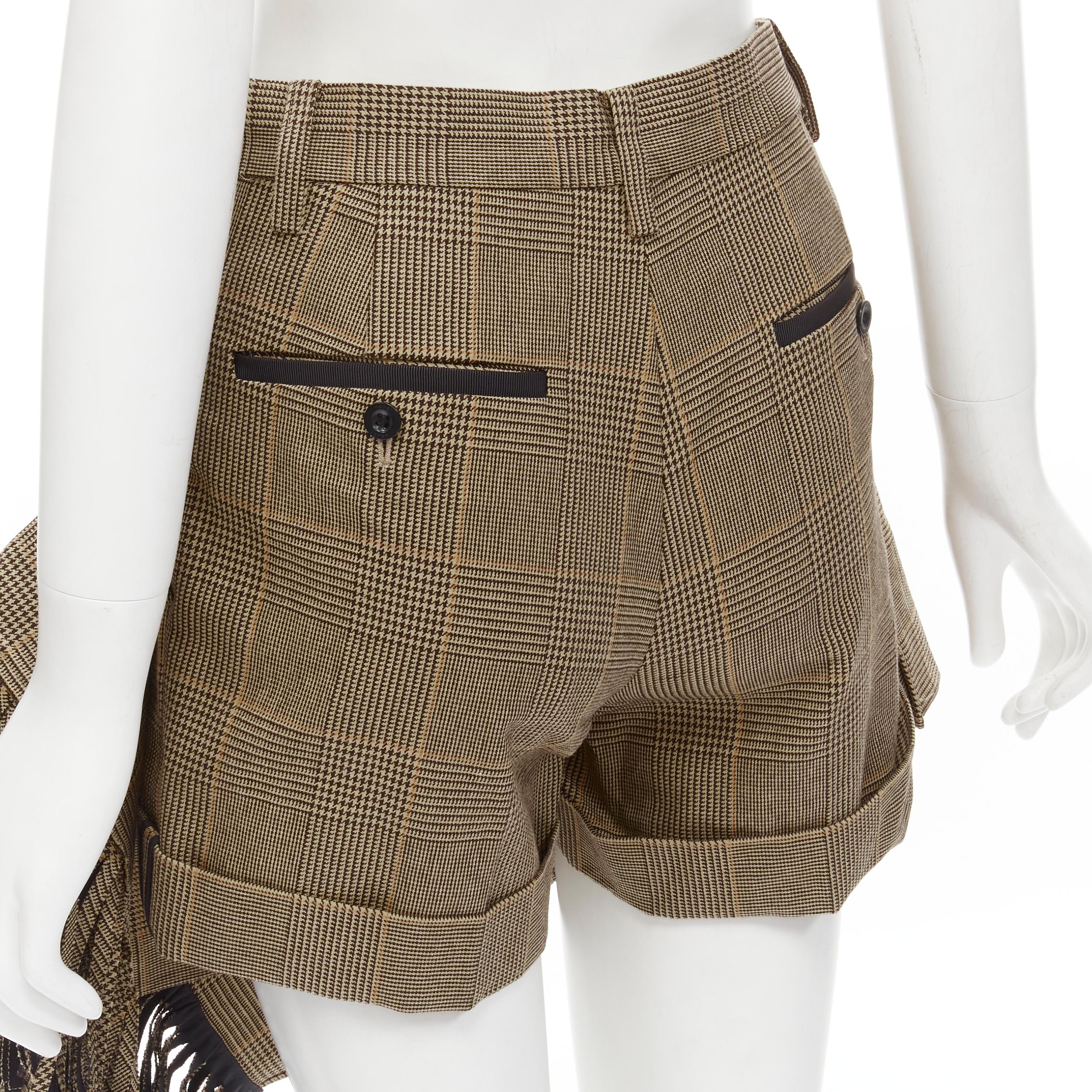SACAI brown herringbone check fringe wrap front buckle shorts JP1 S For Sale 2