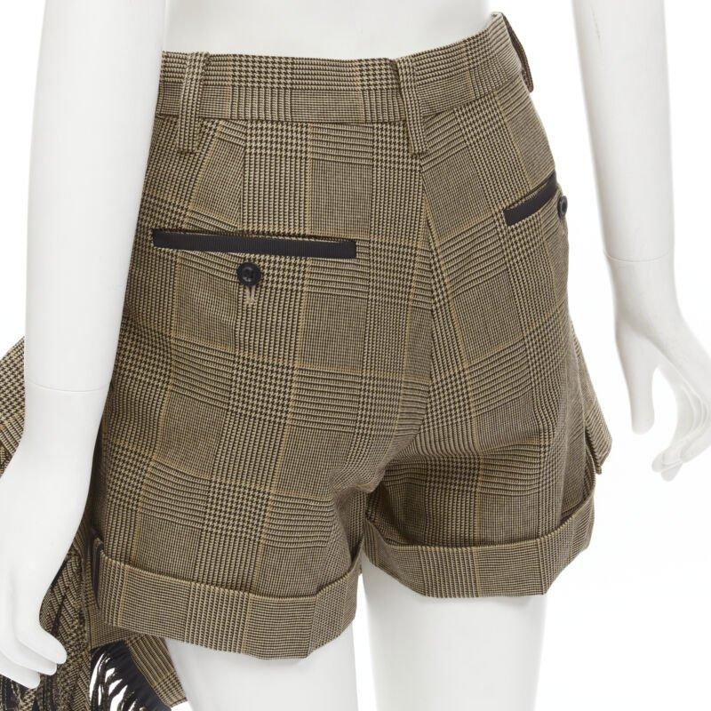 SACAI brown herringbone check fringe wrap front buckle shorts JP1 S in vendita 2