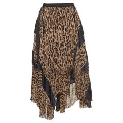 Sacai - Gonna midi asimmetrica in crepe plissettata con stampa leopardata marrone S