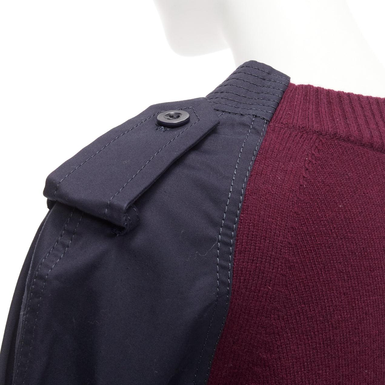 SACAI burgundy knit navy woven contrast bell sleeve reconstructed sweater
Reference: NILI/A00022
Brand: Sacai
Designer: Chitose Abe
Material: Feels like wool
Color: Red, Navy
Pattern: Solid
Closure: Pullover
Extra Details: Belted design at upper