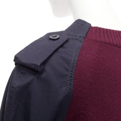 SACAI burgundy knit navy woven contrast bell sleeve reconstructed sweater