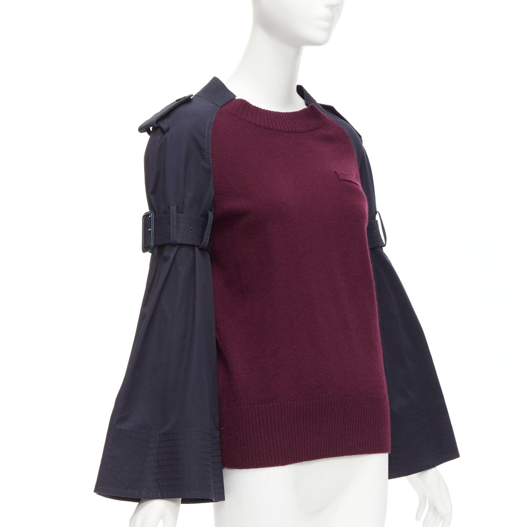 SACAI burgundy knit navy woven contrast bell sleeve reconstructed sweater In Good Condition For Sale In Hong Kong, NT