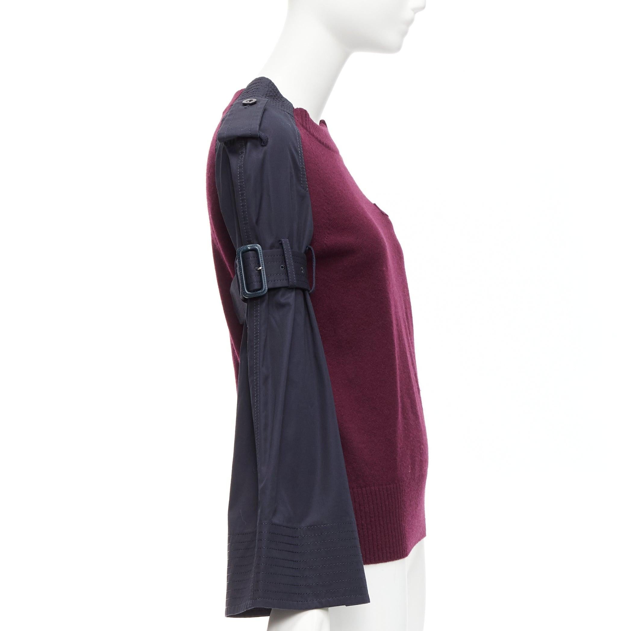 Women's SACAI burgundy knit navy woven contrast bell sleeve reconstructed sweater For Sale