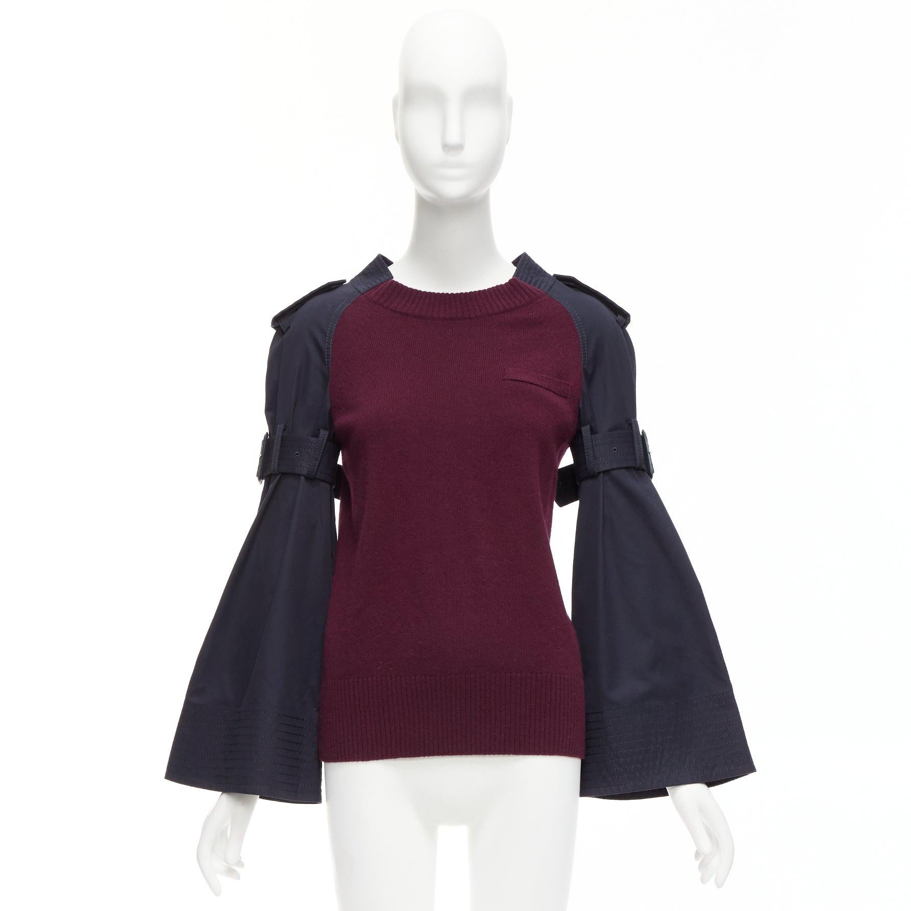 SACAI burgundy knit navy woven contrast bell sleeve reconstructed sweater For Sale 4