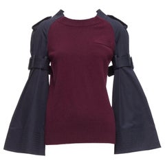 SACAI burgundy knit navy woven contrast bell sleeve reconstructed sweater
