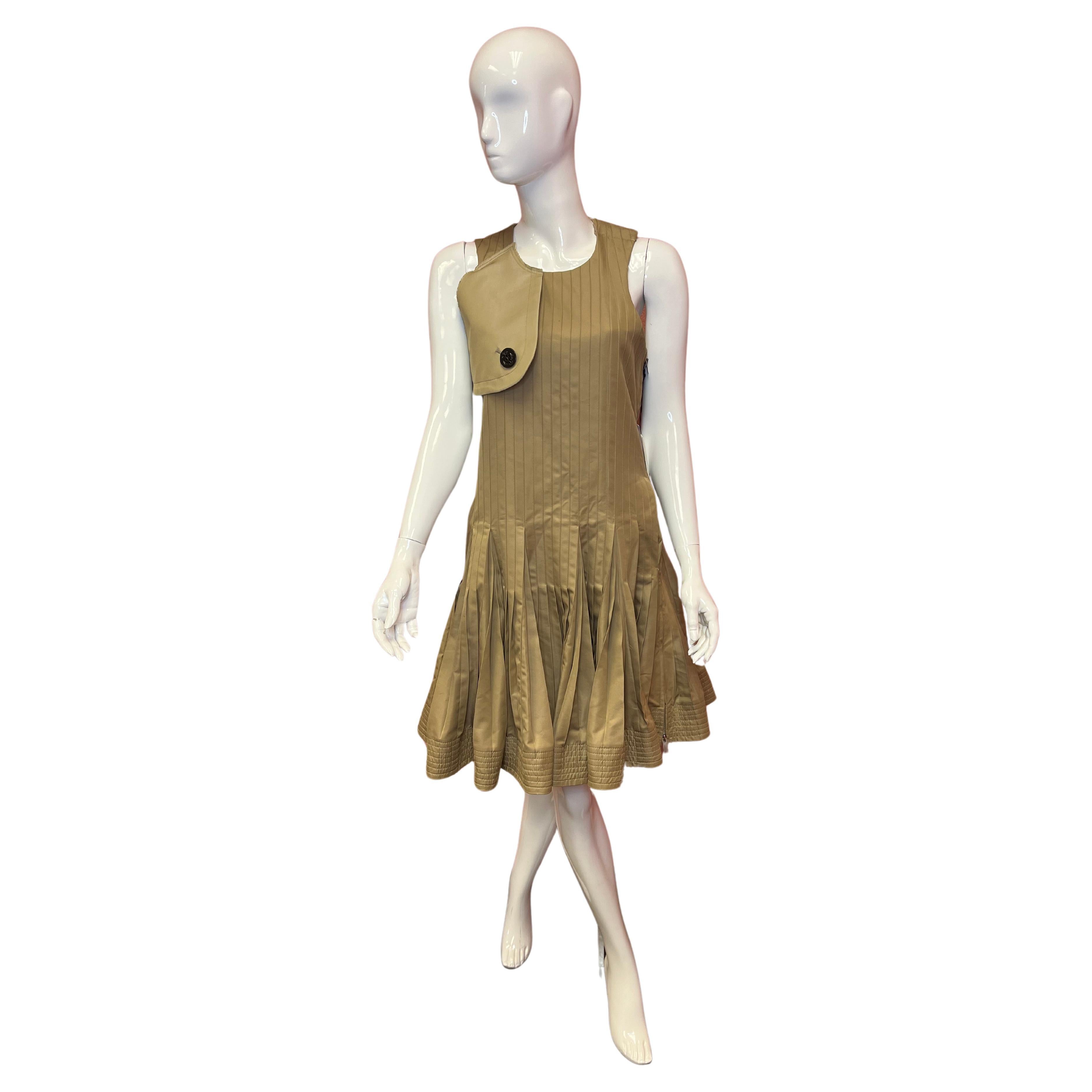 Sacai Camel Colored Sleeveless Drop Waist Day Dress SS 23 For Sale