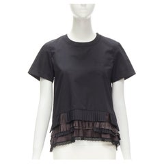 SACAI Chitose Abe black cotton short sleeve tiered pleated hem flared back top S