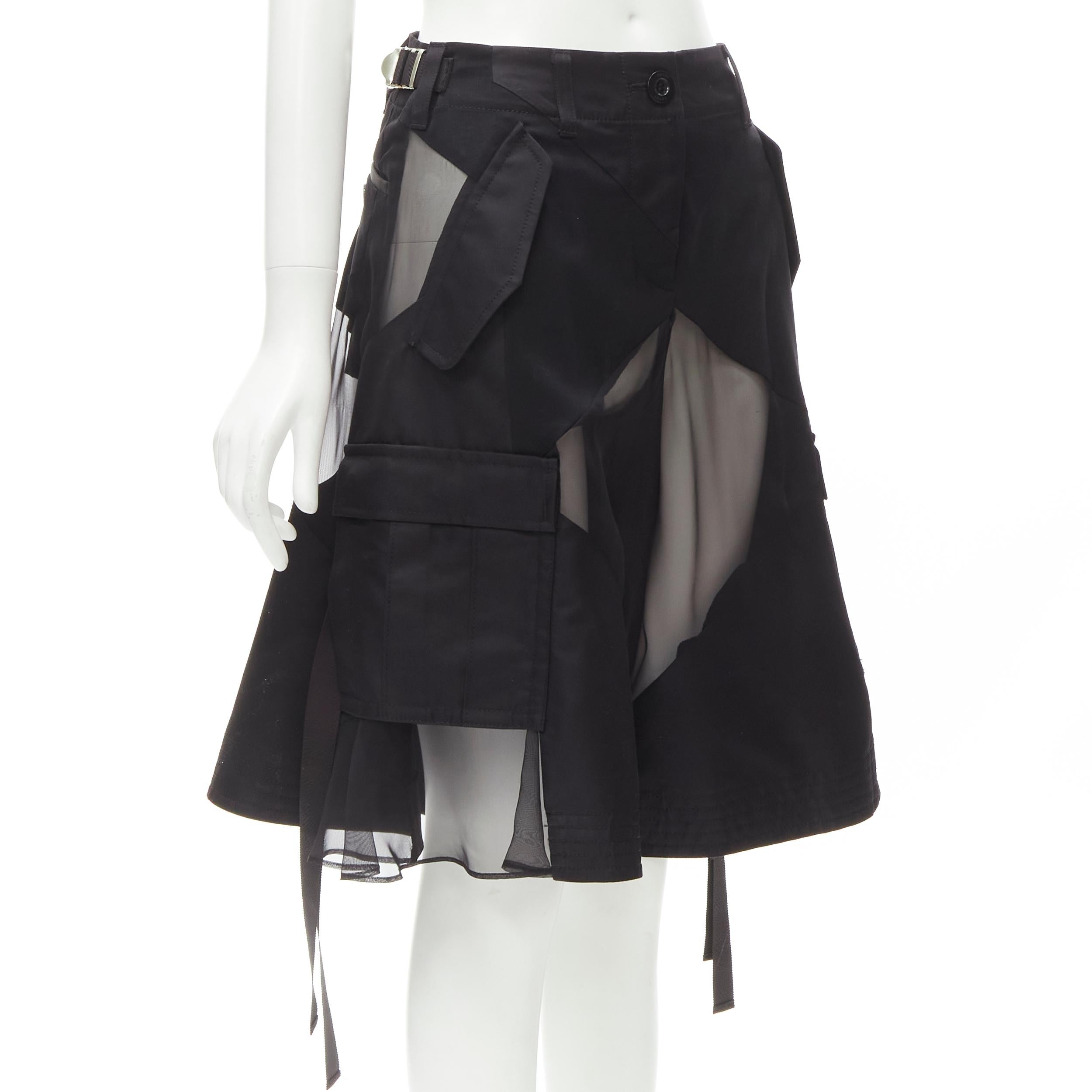 SACAI Chitose Abe black deconstructed sheer panel wide skirt flared shorts S In Excellent Condition In Hong Kong, NT